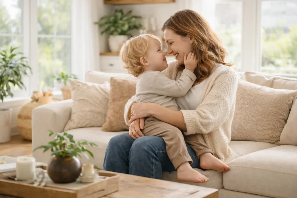 Smiling mother sitting on a beige sofa holding her baby in a warm, sunlit living room with soft neutral décor and plants.