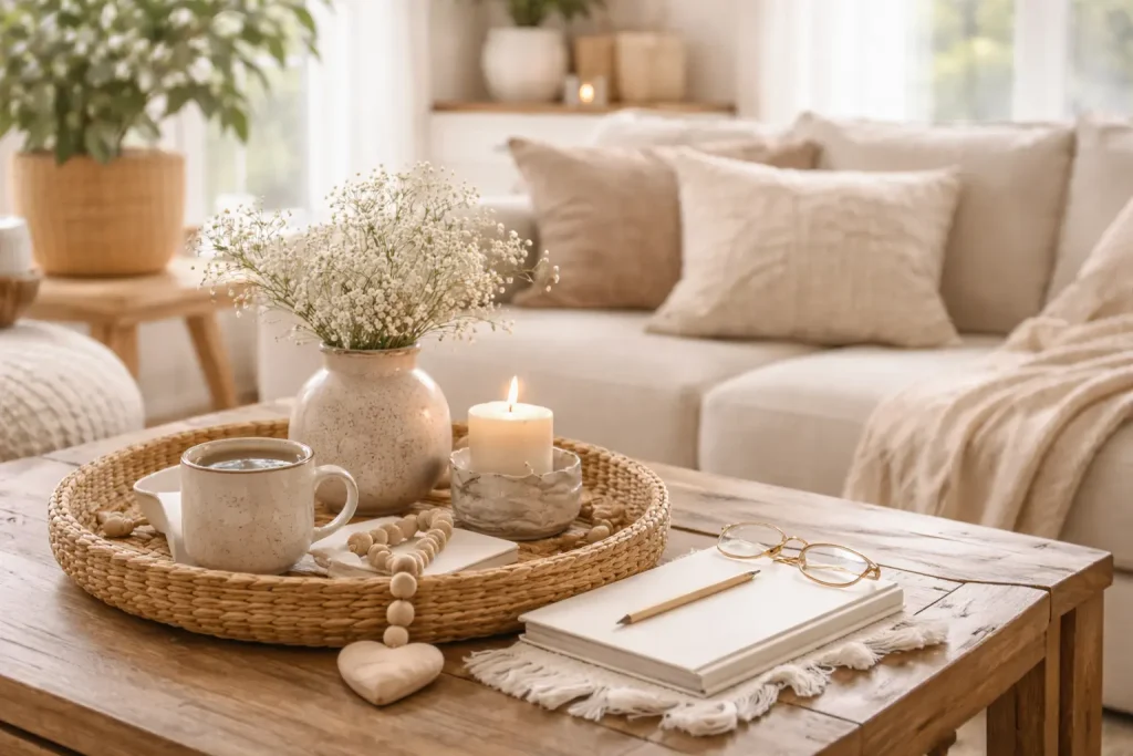 Cozy home décor scene with a wooden coffee table, ceramic mug, notebook, candle, and flowers in a warm, inviting living room