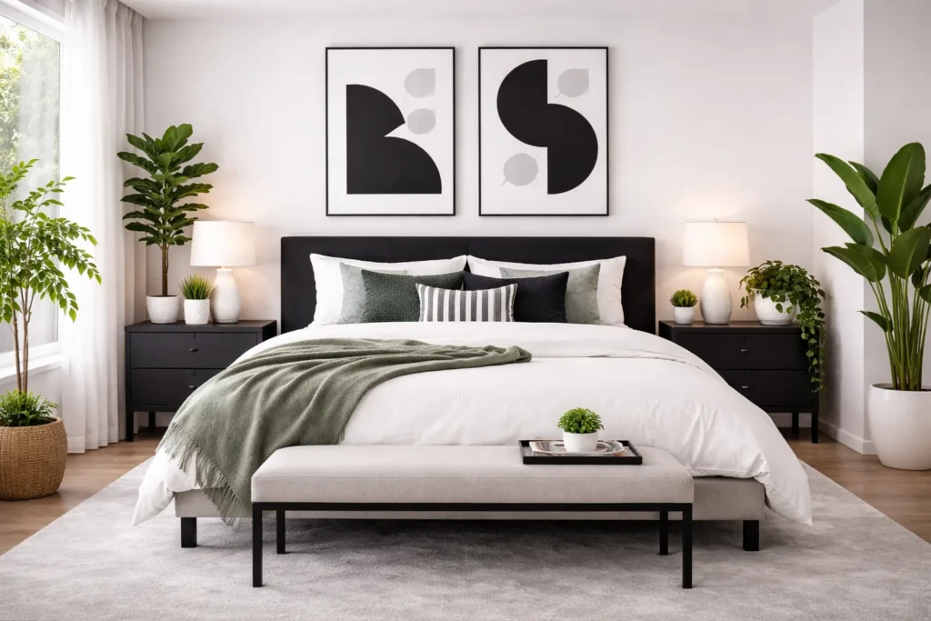 Black and White Bedroom with Plants