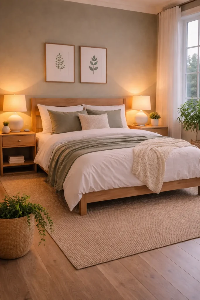 Warm Lighting Sage Green Bedroom