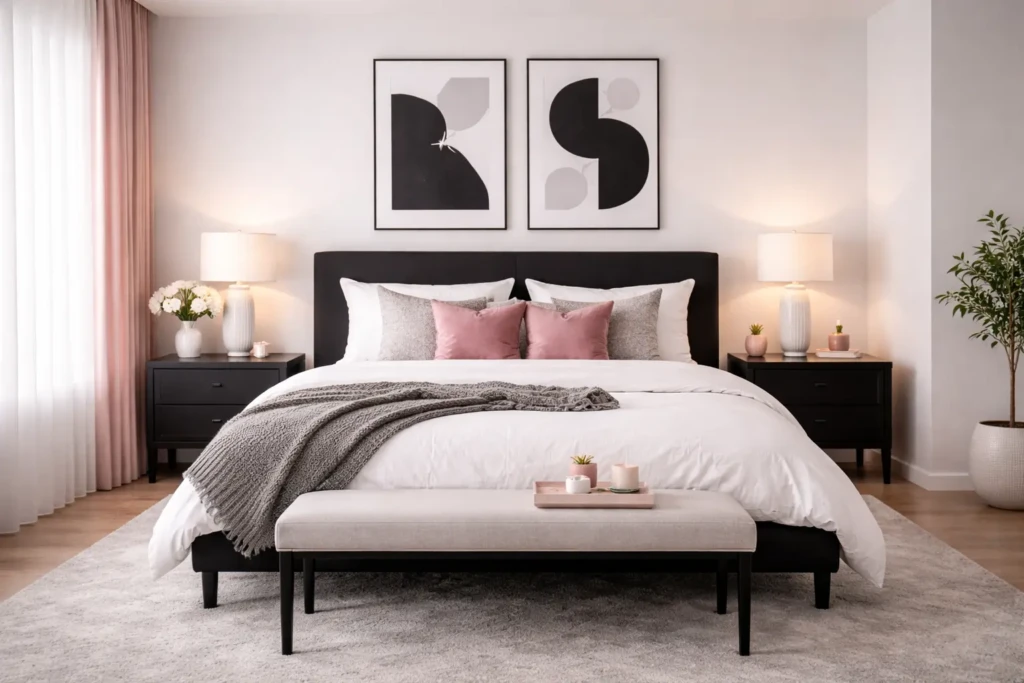 Black and White Bedroom with Color Accents