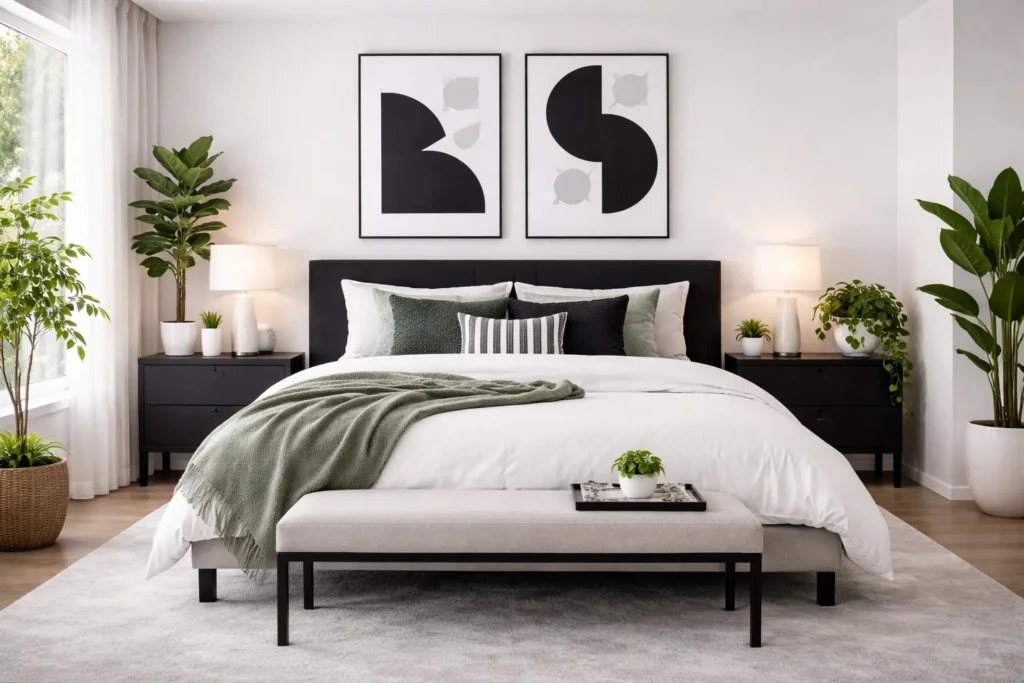 Black and White Bedroom with Plants