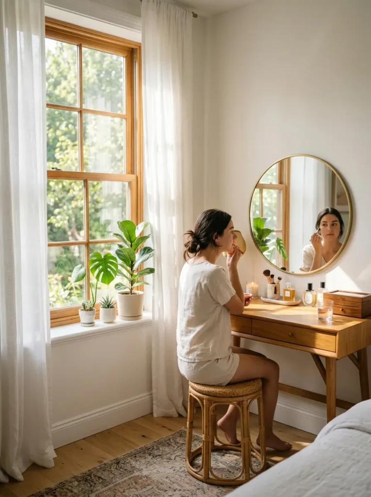 Bedroom vanity placed near a window with natural sunlight creating a bright aesthetic space