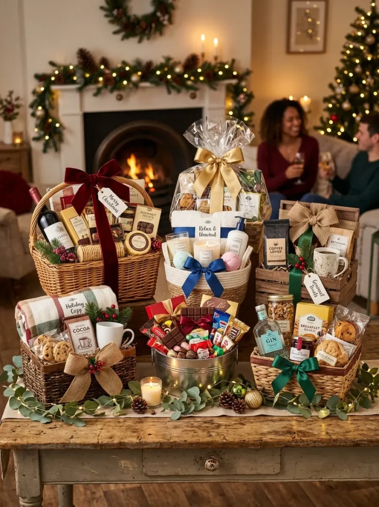 Multiple beautifully arranged gift baskets displayed together in a warm and inviting setting