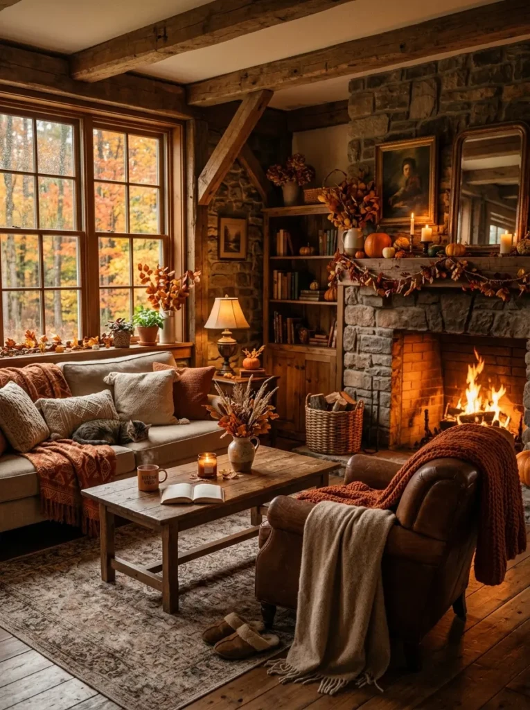 Cozy rustic living room with warm tones, wooden furniture, and autumn-inspired decor creating a welcoming fall atmosphere