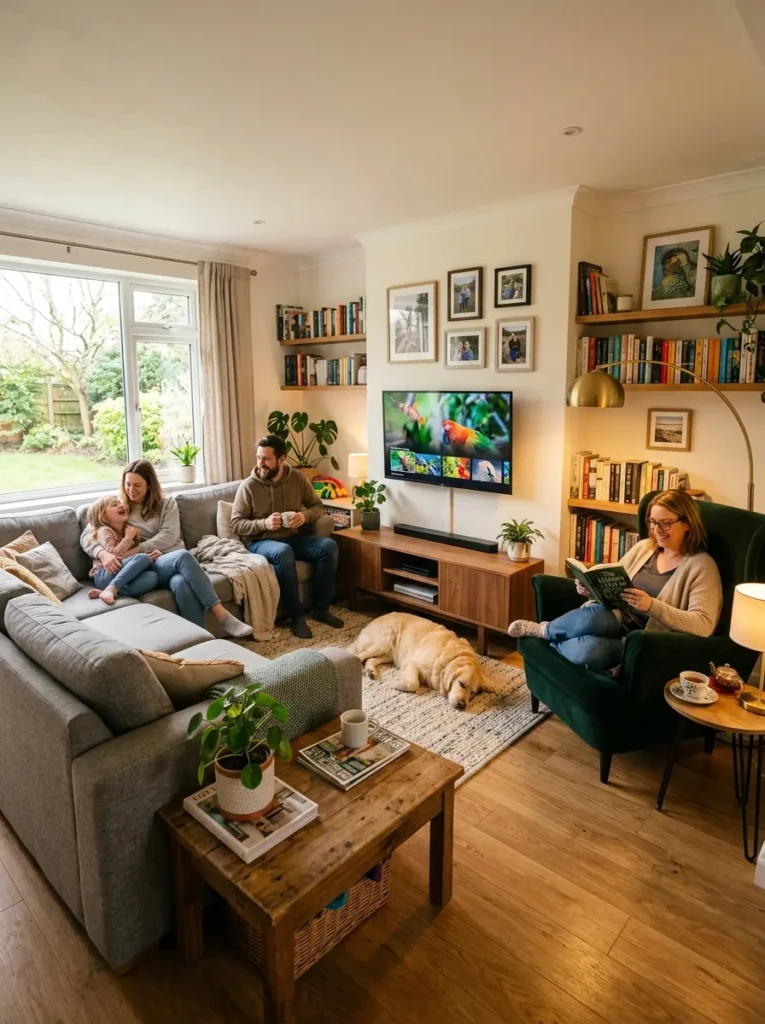 A functional living room with a balanced layout designed for relaxation, entertainment, and daily activities.