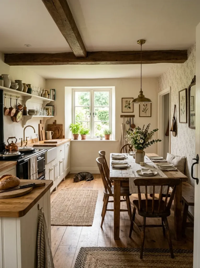 Warm farmhouse kitchen design with rustic wood textures, soft lighting, and subtle wallpaper accents creating a cozy atmosphere