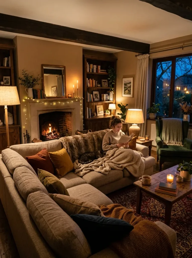 A warm living room with soft lighting, cushions, and blankets creating a comfortable ambiance.