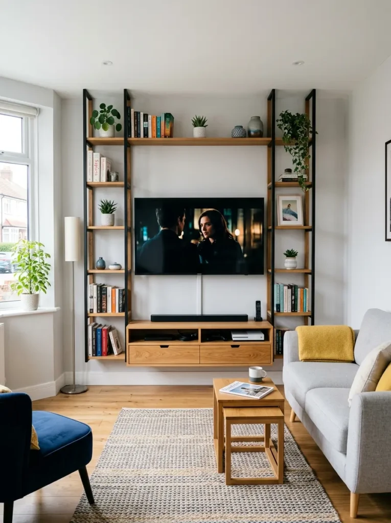 Compact media wall with vertical shelving and wall-mounted TV in a small apartment