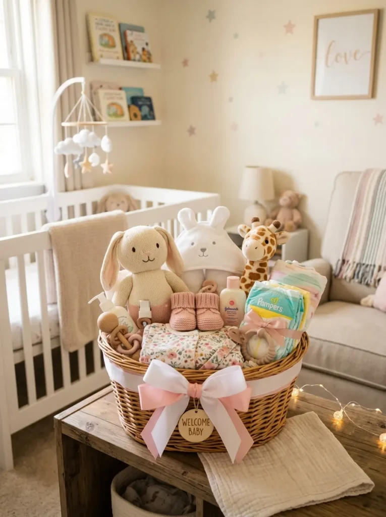 A baby gift basket with soft toys, baby clothes, and essentials in a pastel nursery setting