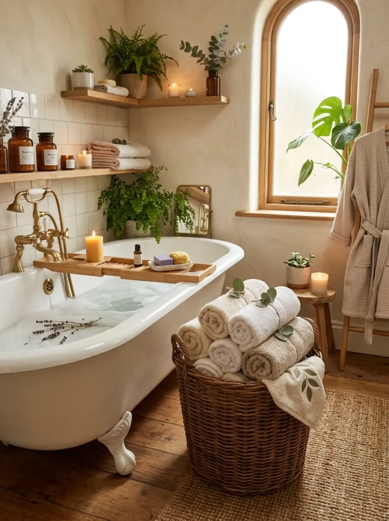 rolled towels arranged in a woven basket beside a bathtub for cozy decor