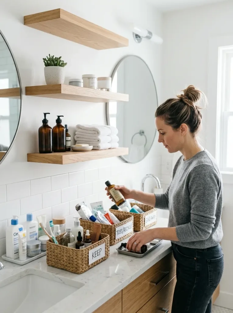 Bathroom shelves being cleared and organized with items sorted into storage baskets