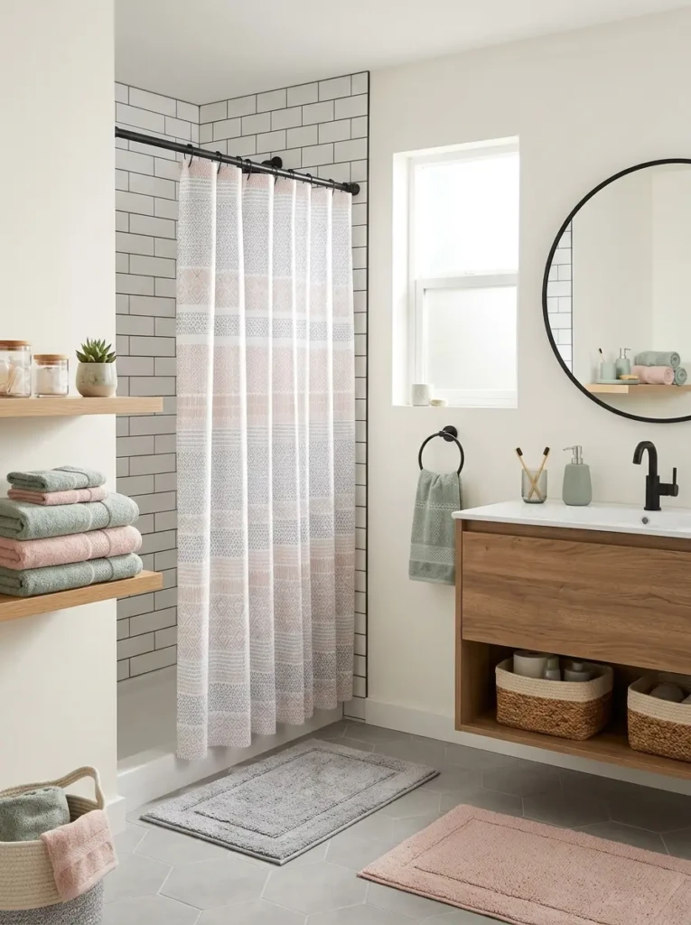 coordinated towels with rugs and shower curtain in modern bathroom design