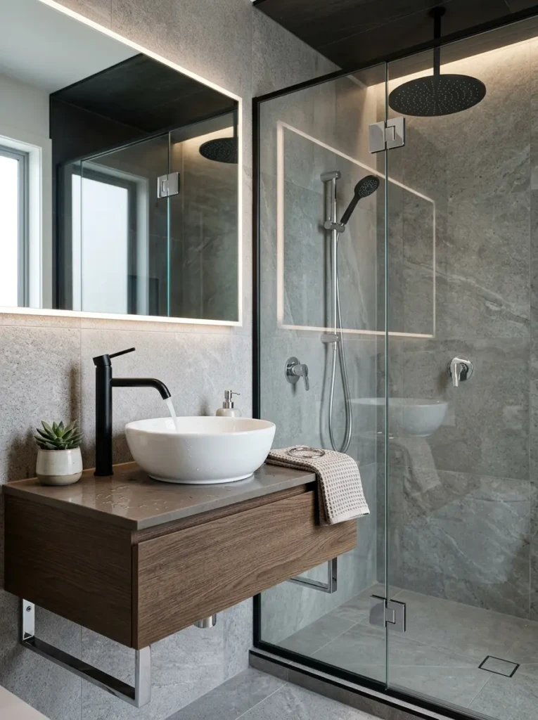 Close-up of modern bathroom fixtures including matte black faucet and rainfall showerhead in a luxury setting