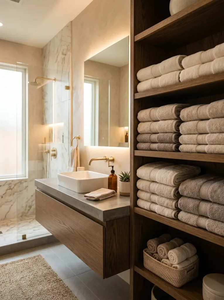 modern bathroom with neatly arranged towels enhancing interior decor