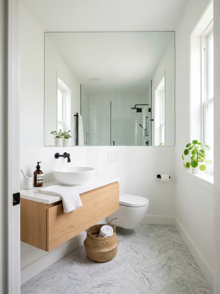 Modern small bathroom featuring a large wall mirror that visually expands the compact space.