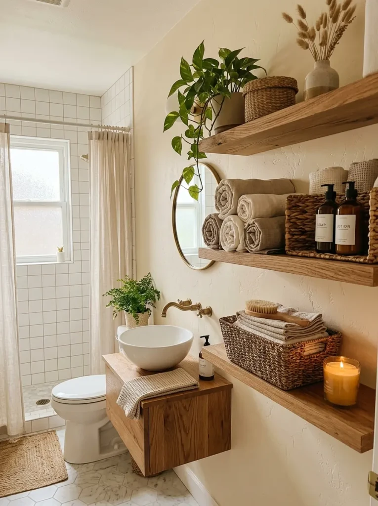 Small bathroom with wood shelves, woven baskets, soft towels, and warm spa-like decor.