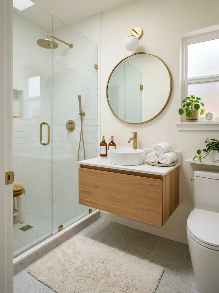 Fully styled small bathroom makeover with rolled towels, bath mat, floating vanity, and glass shower.