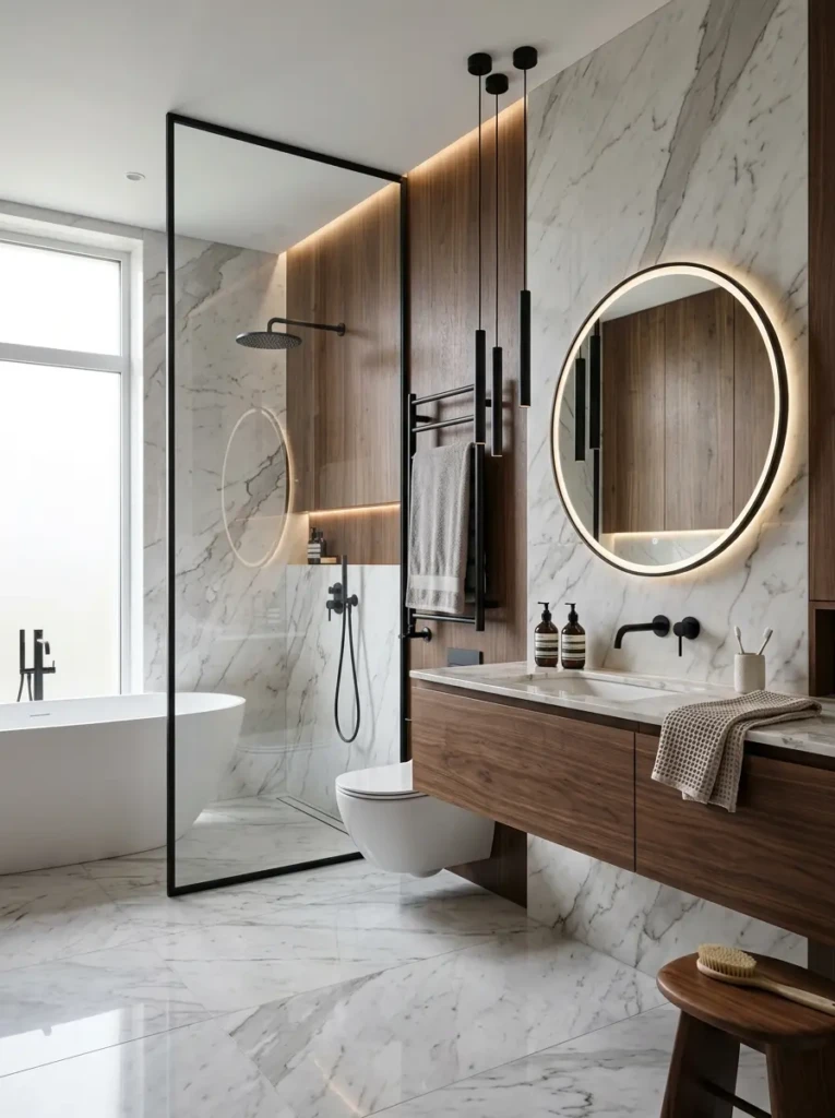 Contemporary bathroom combining marble, wood, and metal textures for a balanced and elegant design