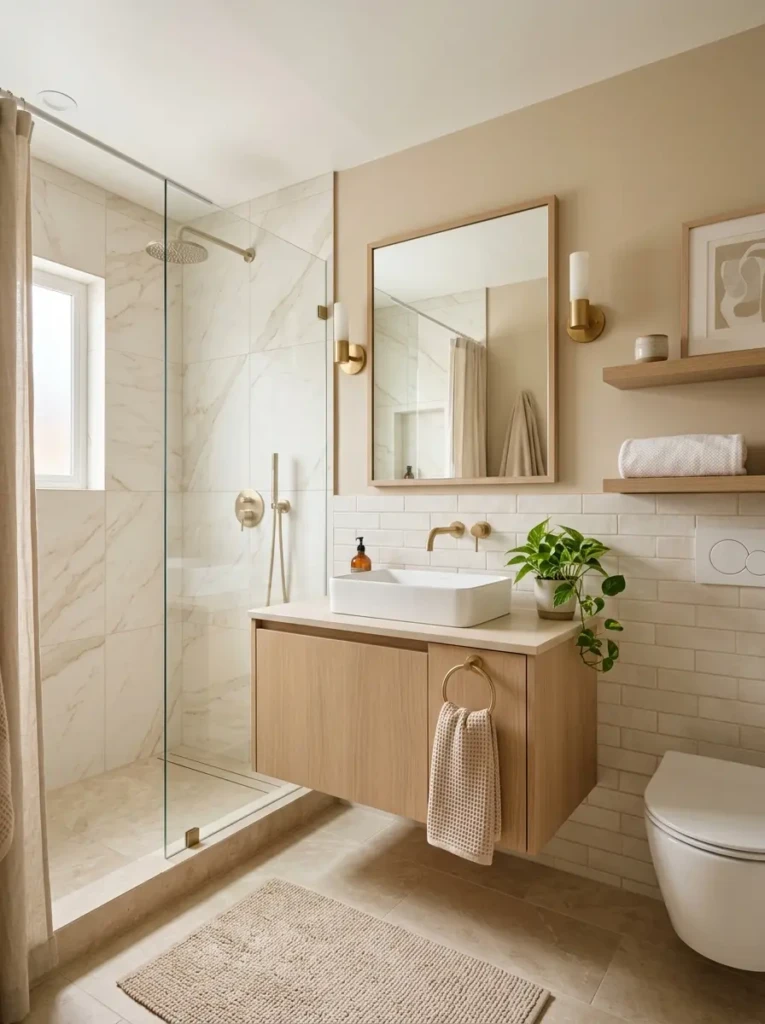 Small bathroom with matching beige walls, vanity, tiles, and soft cohesive styling.