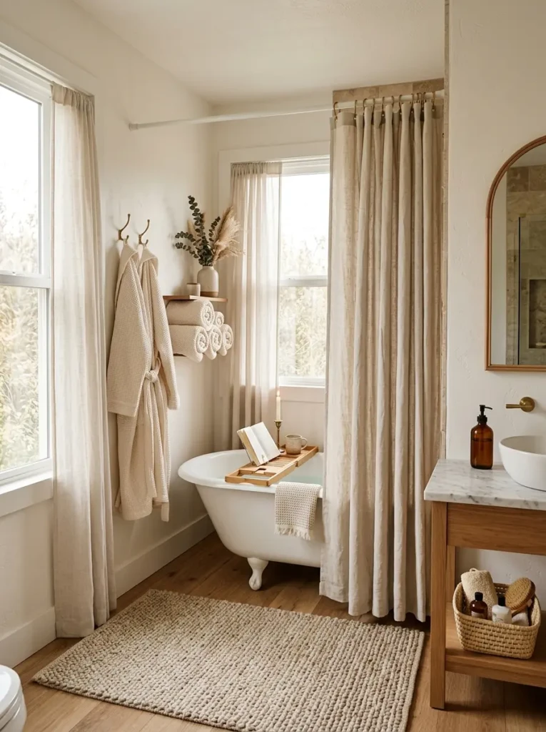 Neutral bathroom decor with plush cream towels, linen shower curtain, and cozy textured rug.