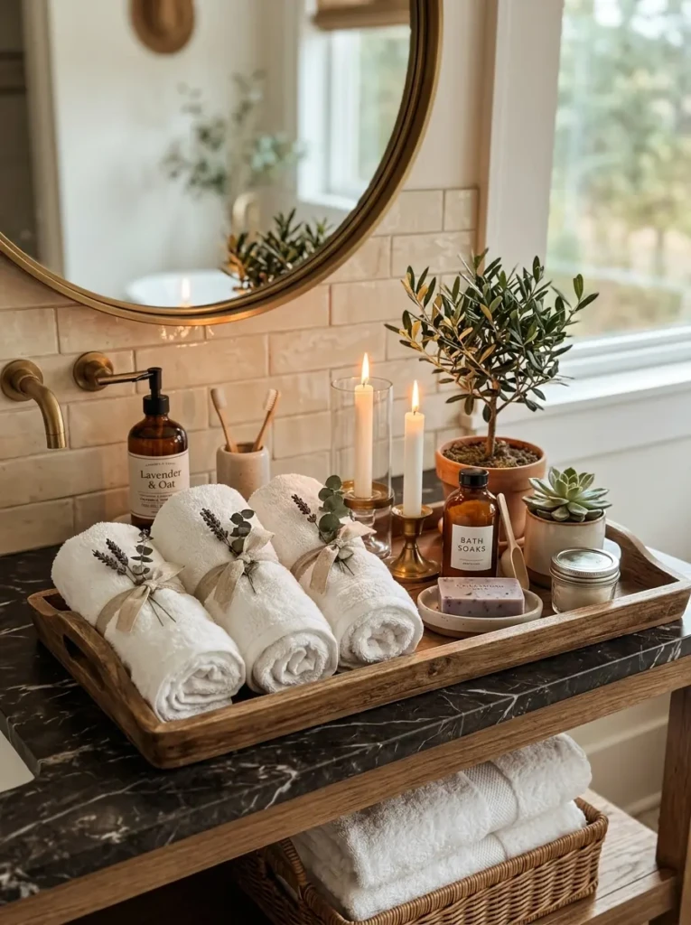 rolled towels with ribbons placed with candles and plants for elegant decor