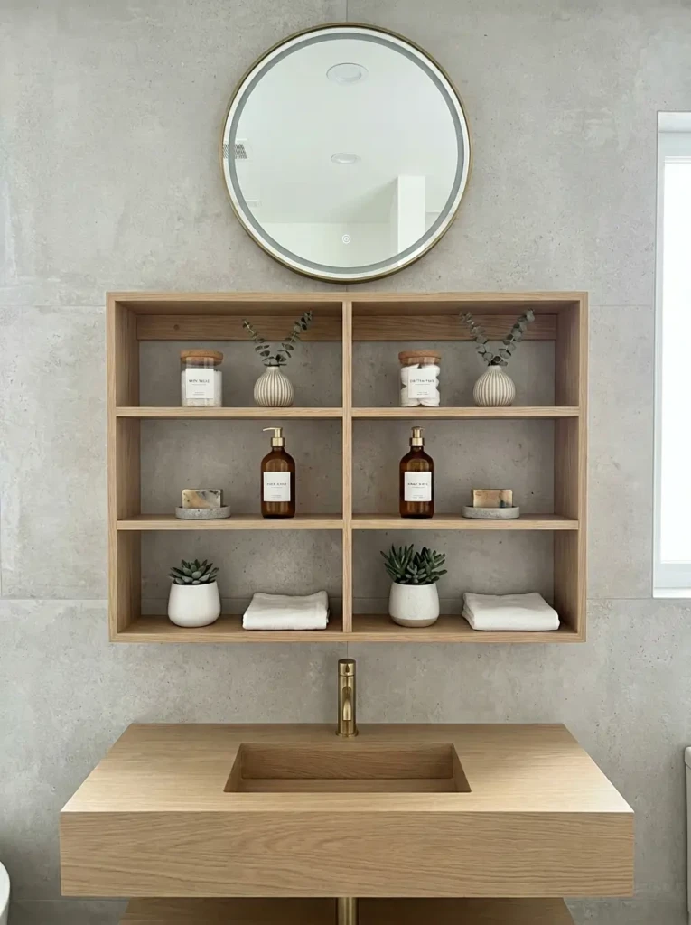 Bathroom shelf arranged symmetrically with evenly spaced decor for a clean look