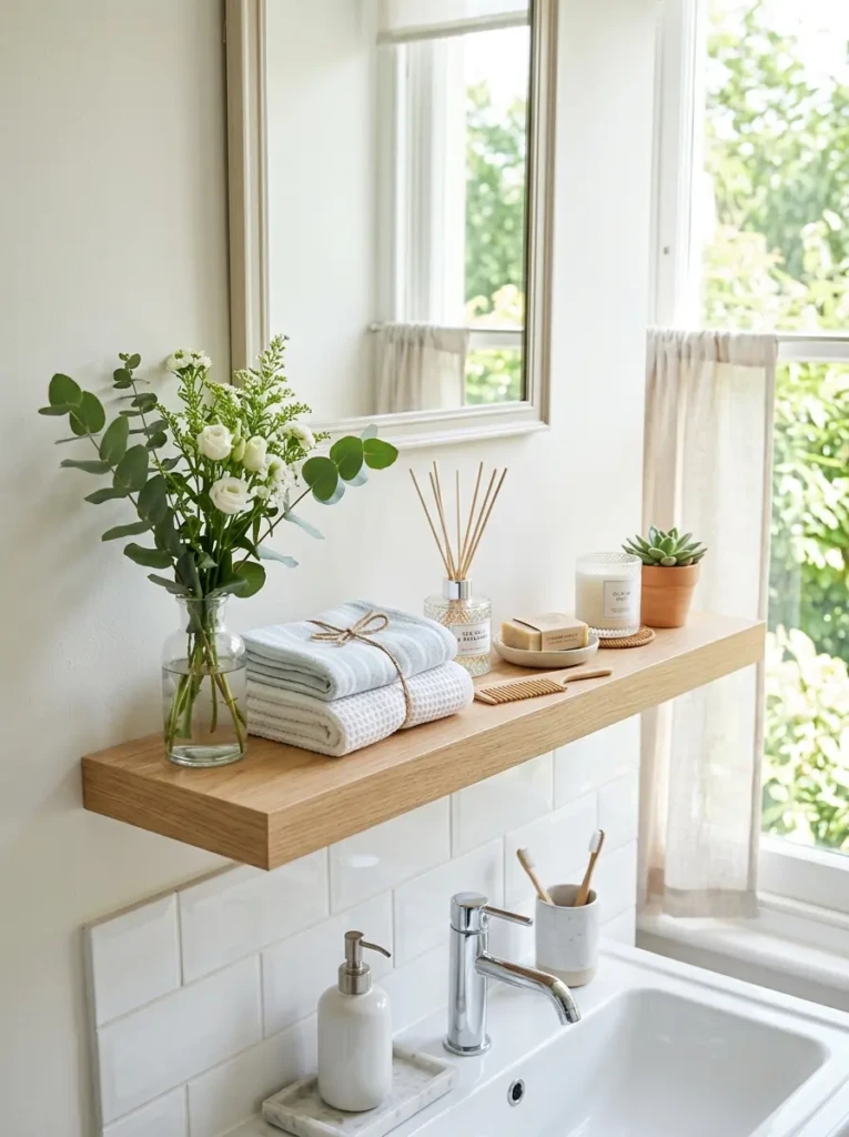 Bathroom shelf styled with light seasonal decor and fresh colors for a summer look