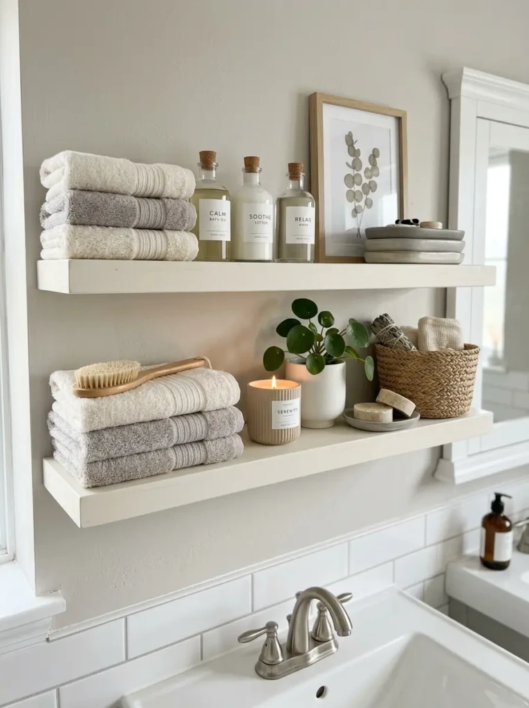 Bathroom shelf styled with cohesive white, beige, and gray tones creating a calming aesthetic