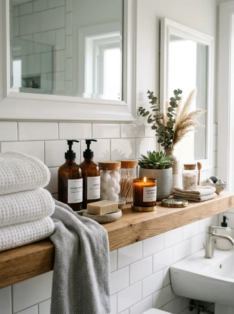 Bathroom shelf featuring a mix of towels, soap dispensers, candles, and decorative accessories