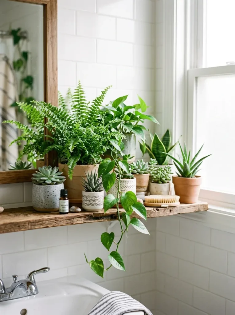 Bathroom shelf decorated with small plants and greenery creating a fresh and natural vibe
