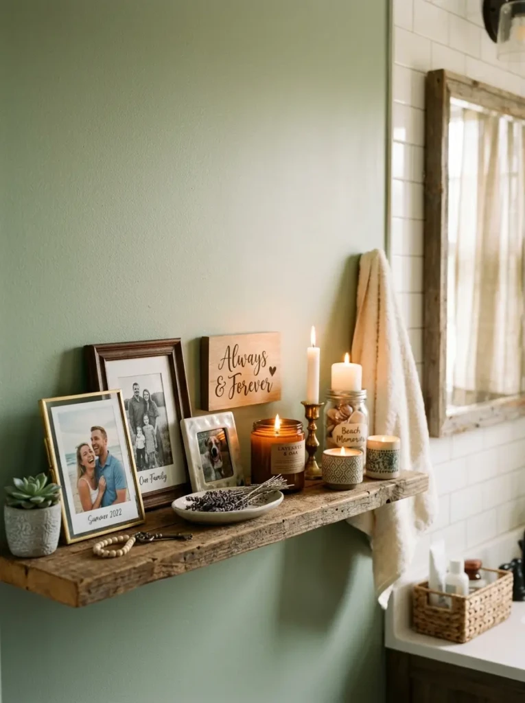 Bathroom shelf styled with framed photos and personal decor items for a cozy feel