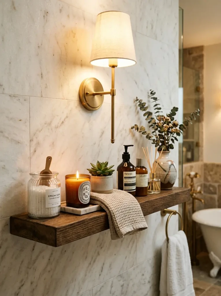 Bathroom shelf enhanced with soft lighting highlighting decorative elements and textures