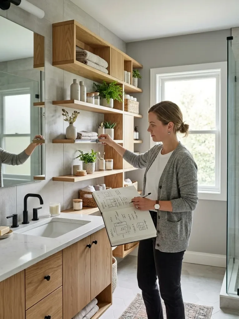 Bathroom shelves of different sizes with a design layout being planned for optimal styling