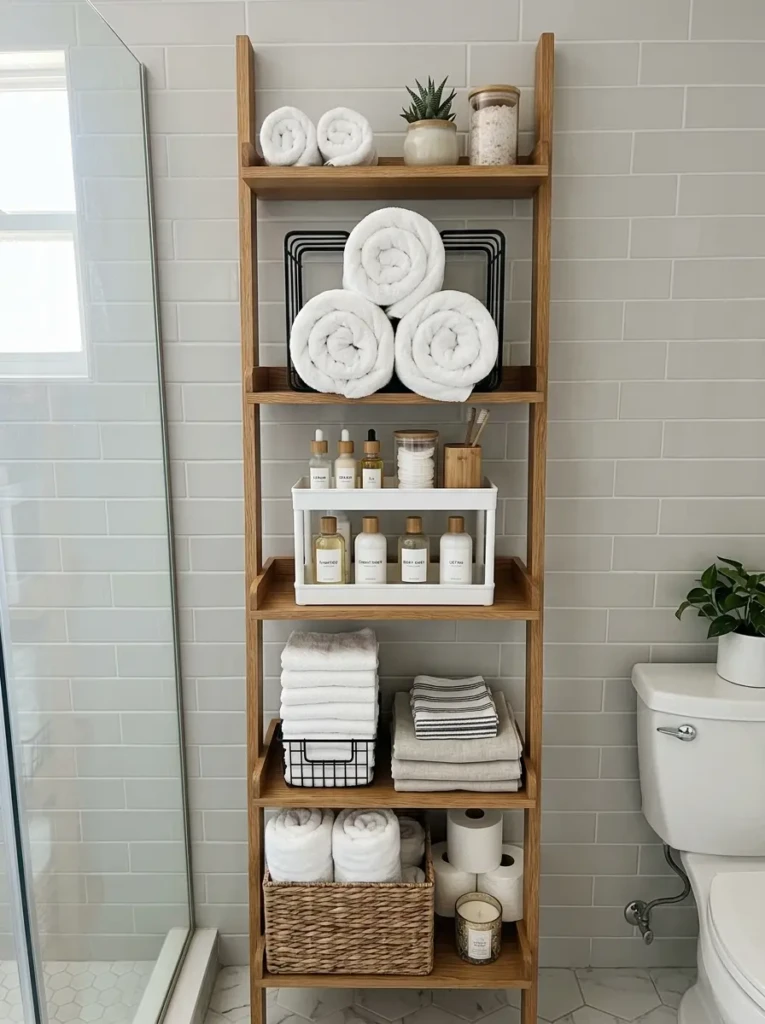 Bathroom shelves using vertical stacking and tiered organizers to maximize storage space