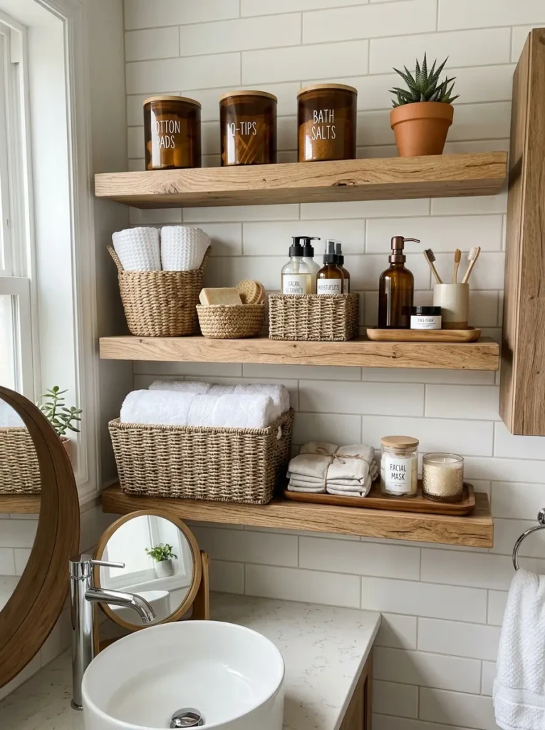 Bathroom shelves organized with woven baskets, glass jars, and wooden trays for a tidy look