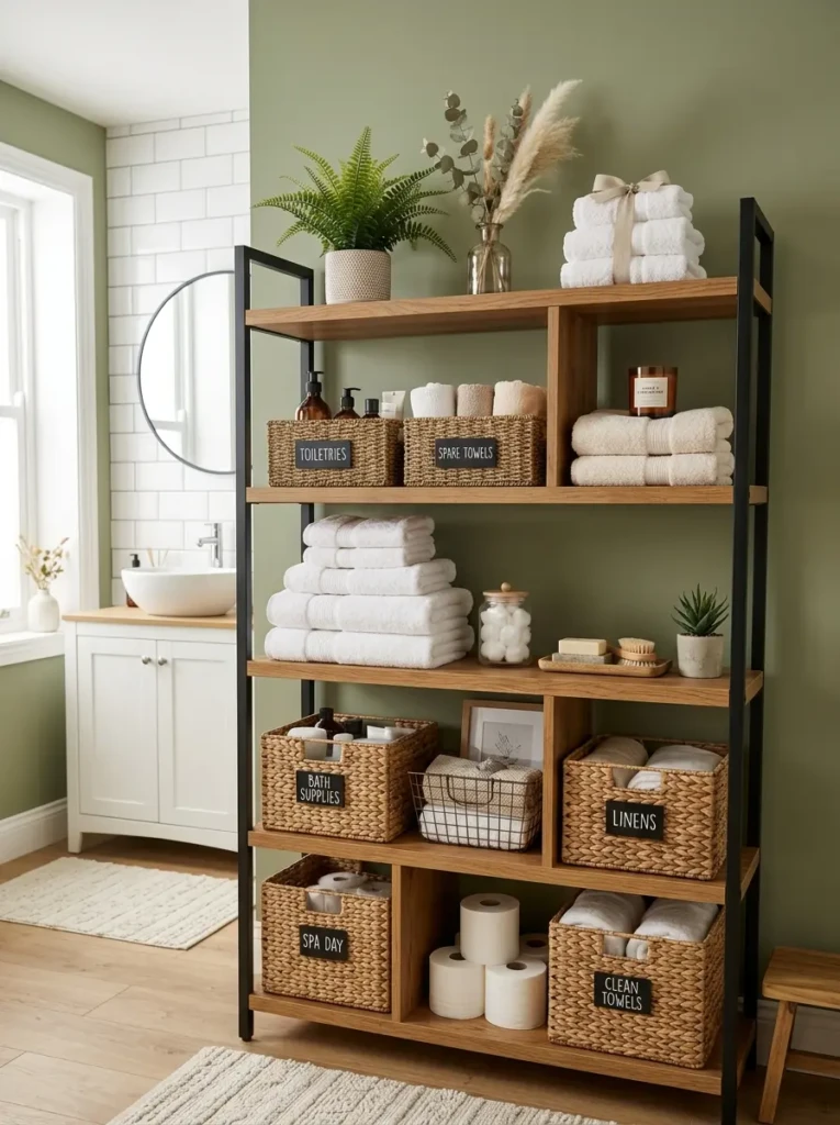 Spacious bathroom shelving unit divided into sections with decor, towels, and storage baskets