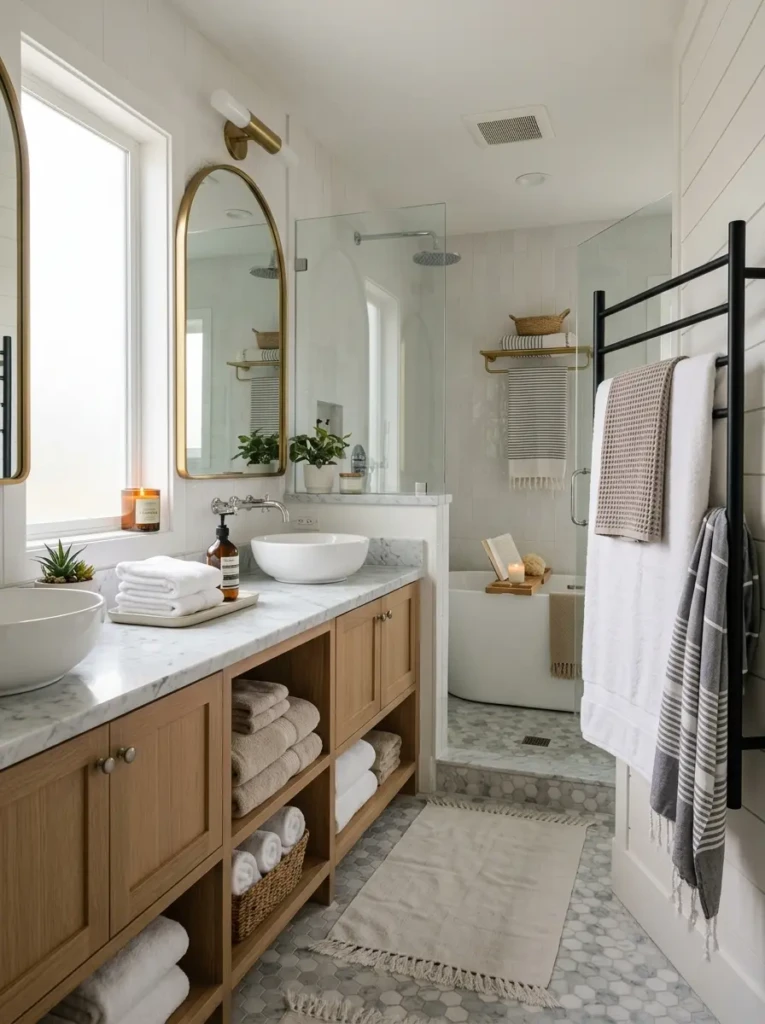 beautifully styled bathroom with cohesive towel decor and modern design
