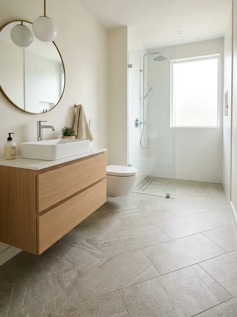 Tiny bathroom with diagonal porcelain floor tiles creating a spacious visual effect.