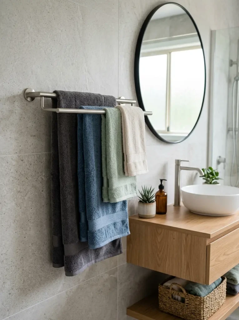 layered towels hanging on modern towel bar in stylish bathroom