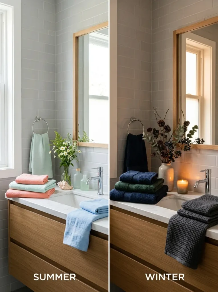 bathroom towels styled for summer and winter with different colors and textures