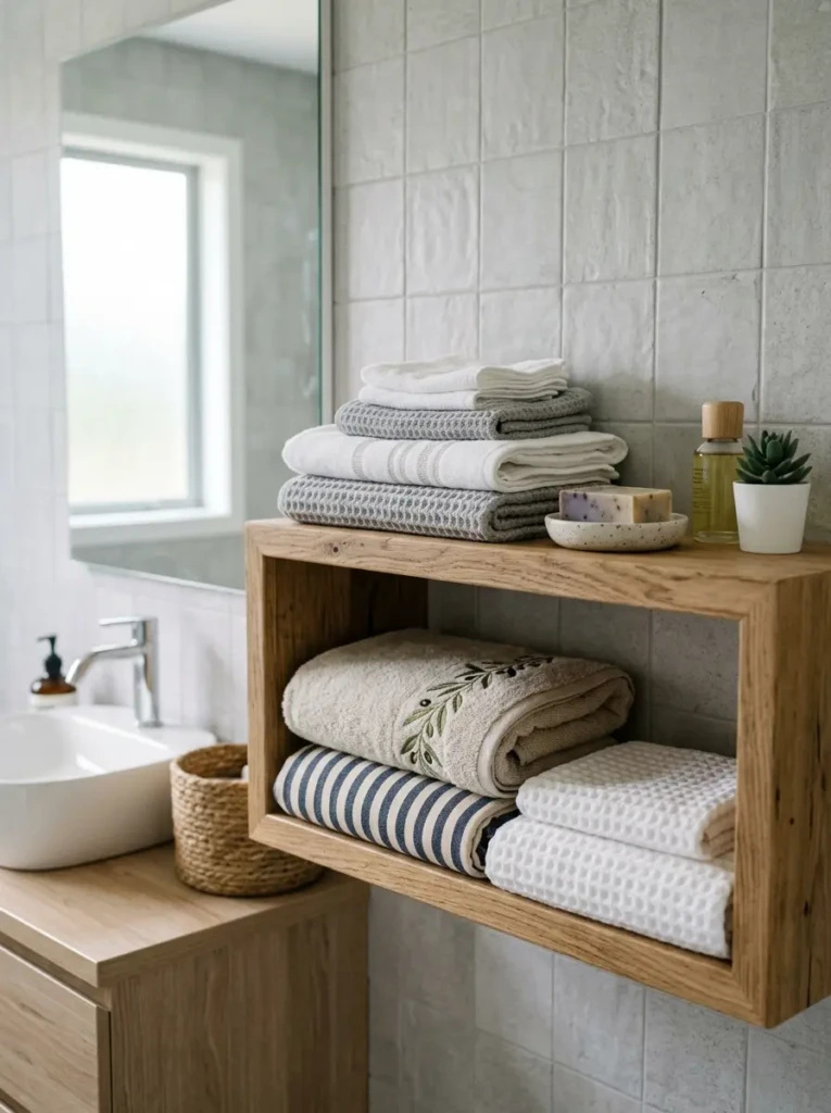 striped and waffle textured towels styled neatly in modern bathroom