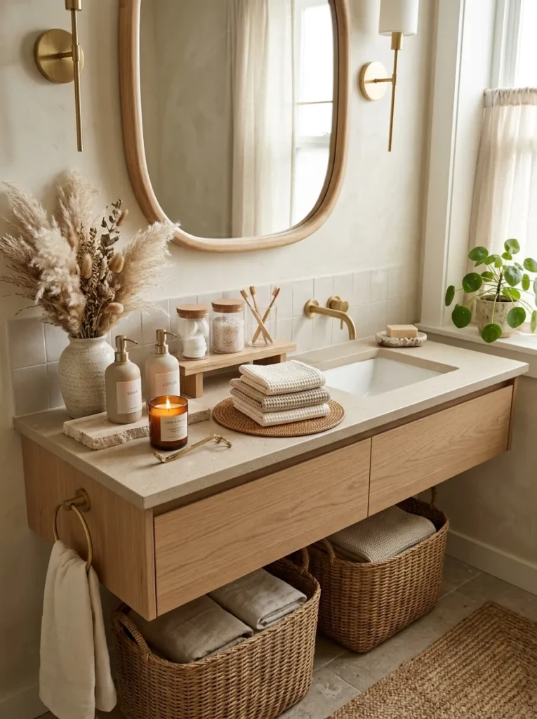 Neutral bathroom decor styled with woven baskets, ceramic tray, candles, and pampas grass.
