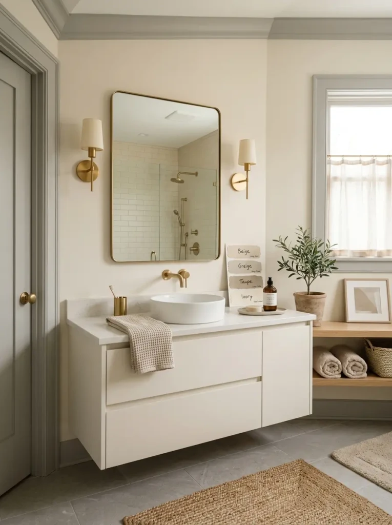 Neutral bathroom decor featuring creamy beige walls, ivory vanity, and layered soft gray accents.
