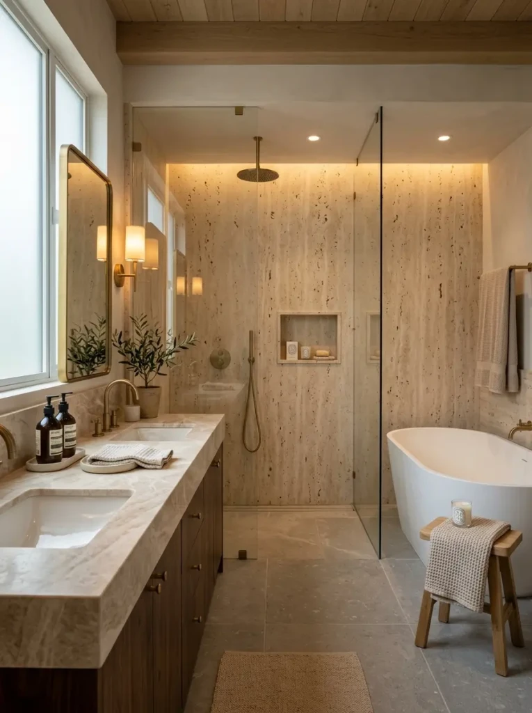 Neutral bathroom with marble countertops, travertine shower walls, and elegant natural stone textures.
