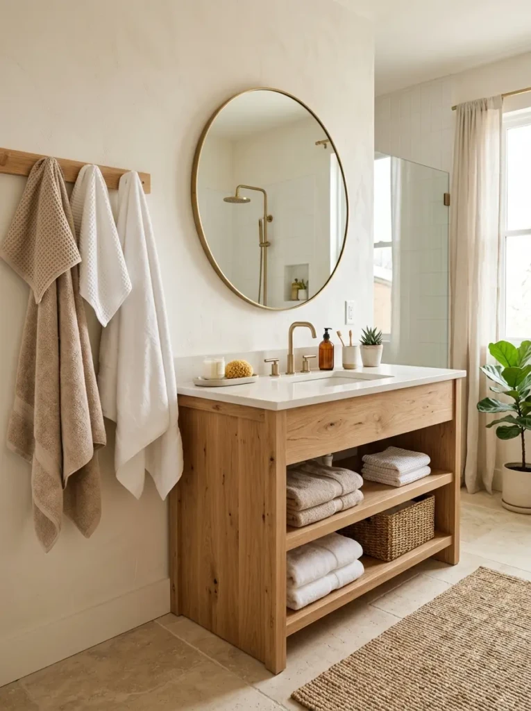 soft neutral towels styled near a natural wood bathroom vanity in a modern bathroom
