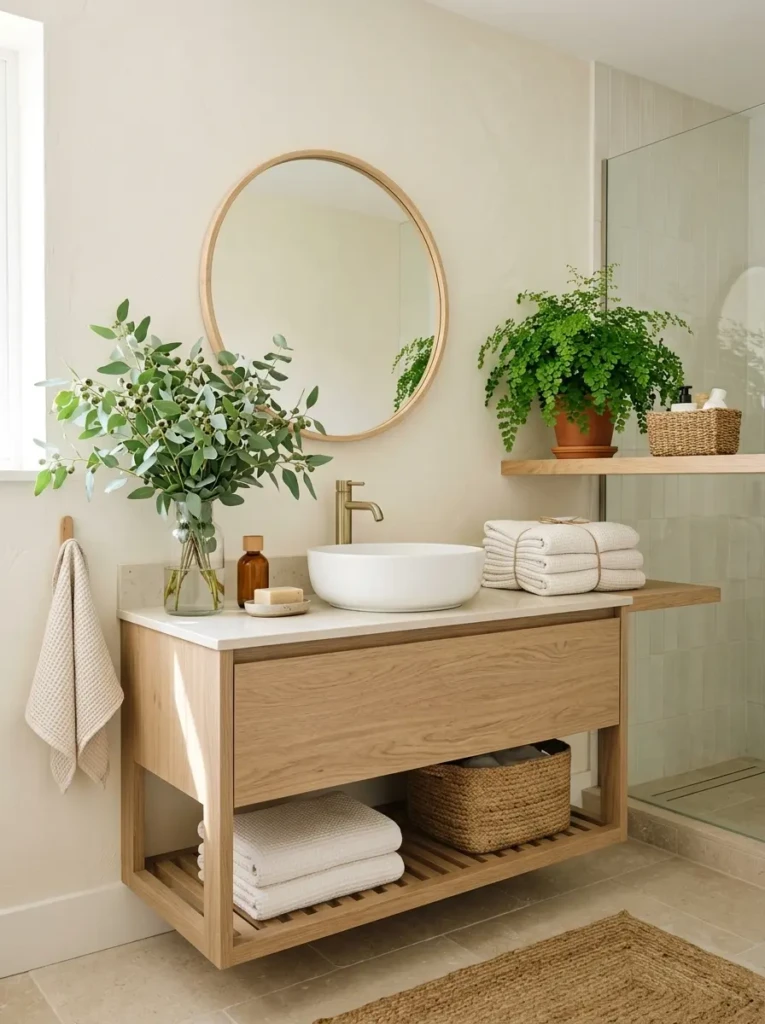 Neutral bathroom with eucalyptus, green fern accents, cream walls, and wood vanity styling.