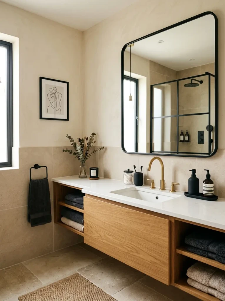 Neutral bathroom with beige tones, black framed mirror, and brass faucet accents.