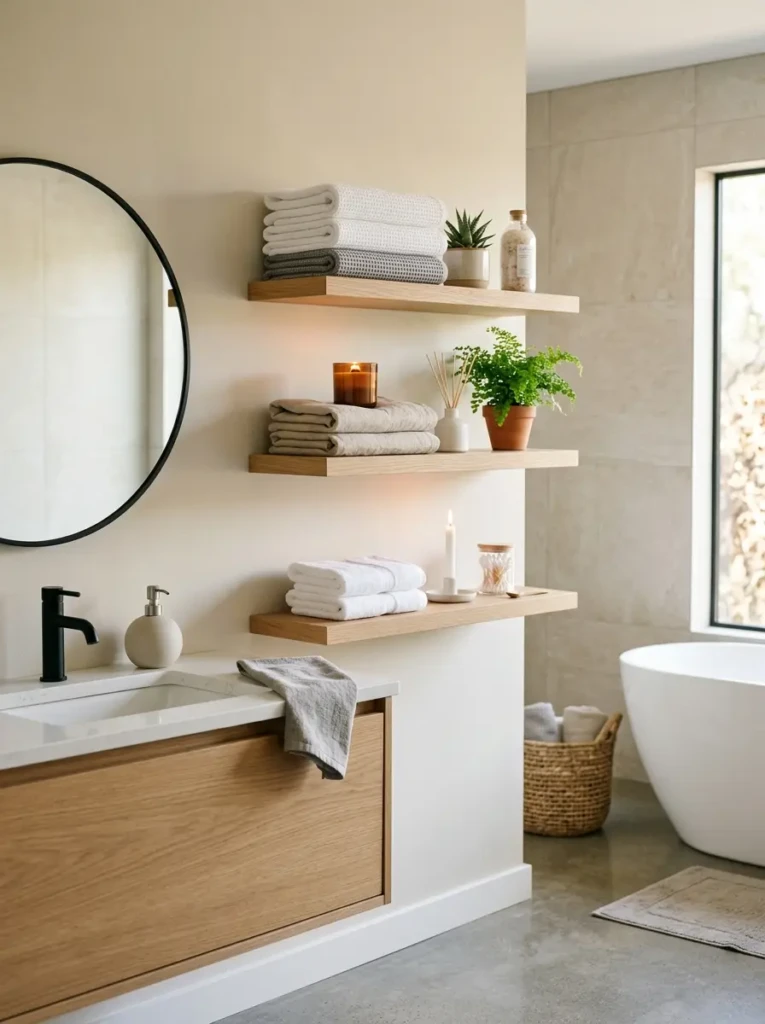 Modern bathroom with neatly styled floating shelves featuring towels, candles, and small plants in a minimalist design