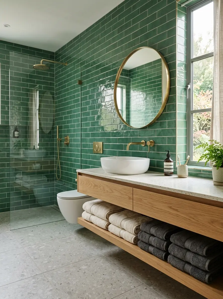 cream and charcoal towels styled in bathroom with green bathroom tile walls